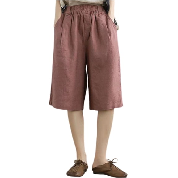 Linen Bermuda Shorts for Women Elastic Waisted Knee Length Baggy Casual Summer High Waist Wide Leg Beach Resort Pant Pink 3XL
