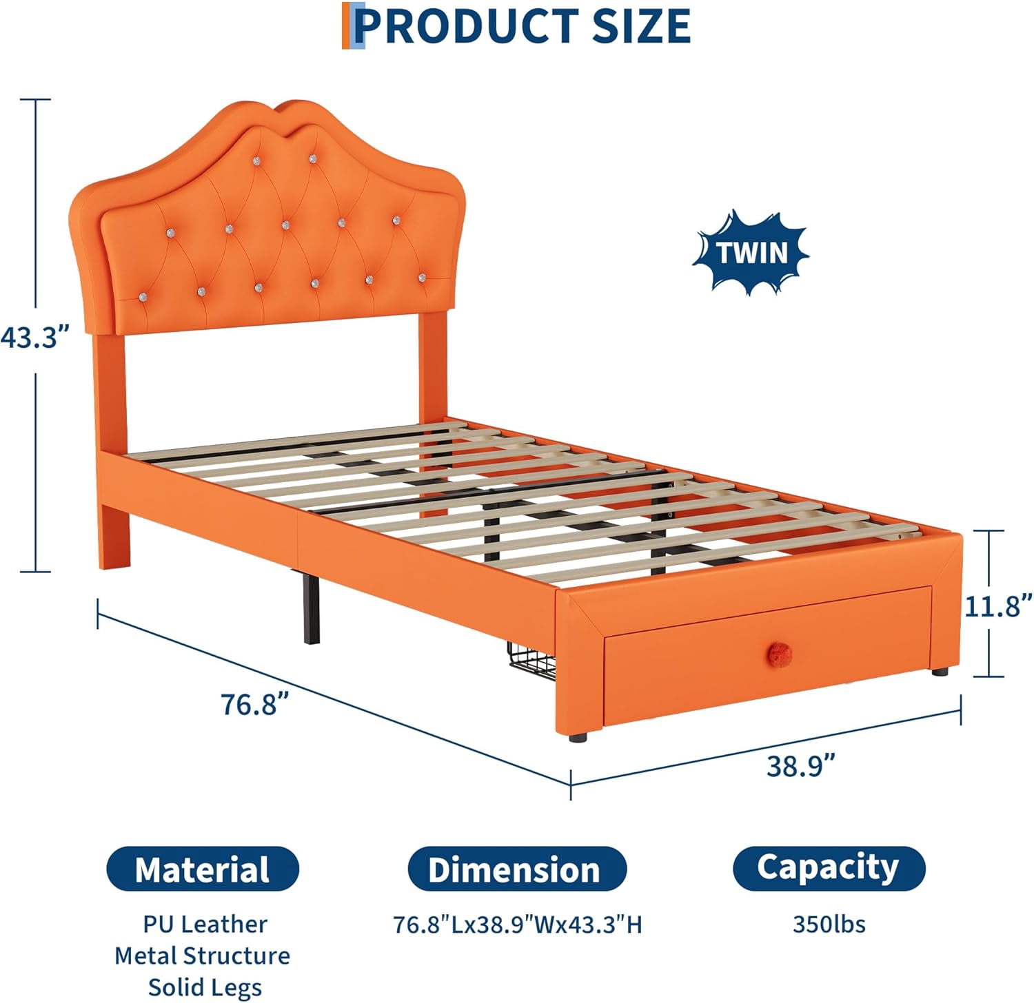 Twin Size Bed Frame with LED Lights & Velvet Upholstered Girls Platform Bed with Storage Drawers,No Box Spring Needed,Easy Assembly, Noise Free,Orange