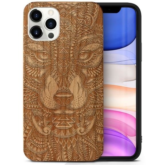 Case Yard Wooden Case Outside Soft TPU Silicone Slim Fit Shockproof Wood Protective Phone Cover for Girls Boys Men and Women Supports Wireless Charging Wolf Face Full Design case for iPhone-12-Pro-Max