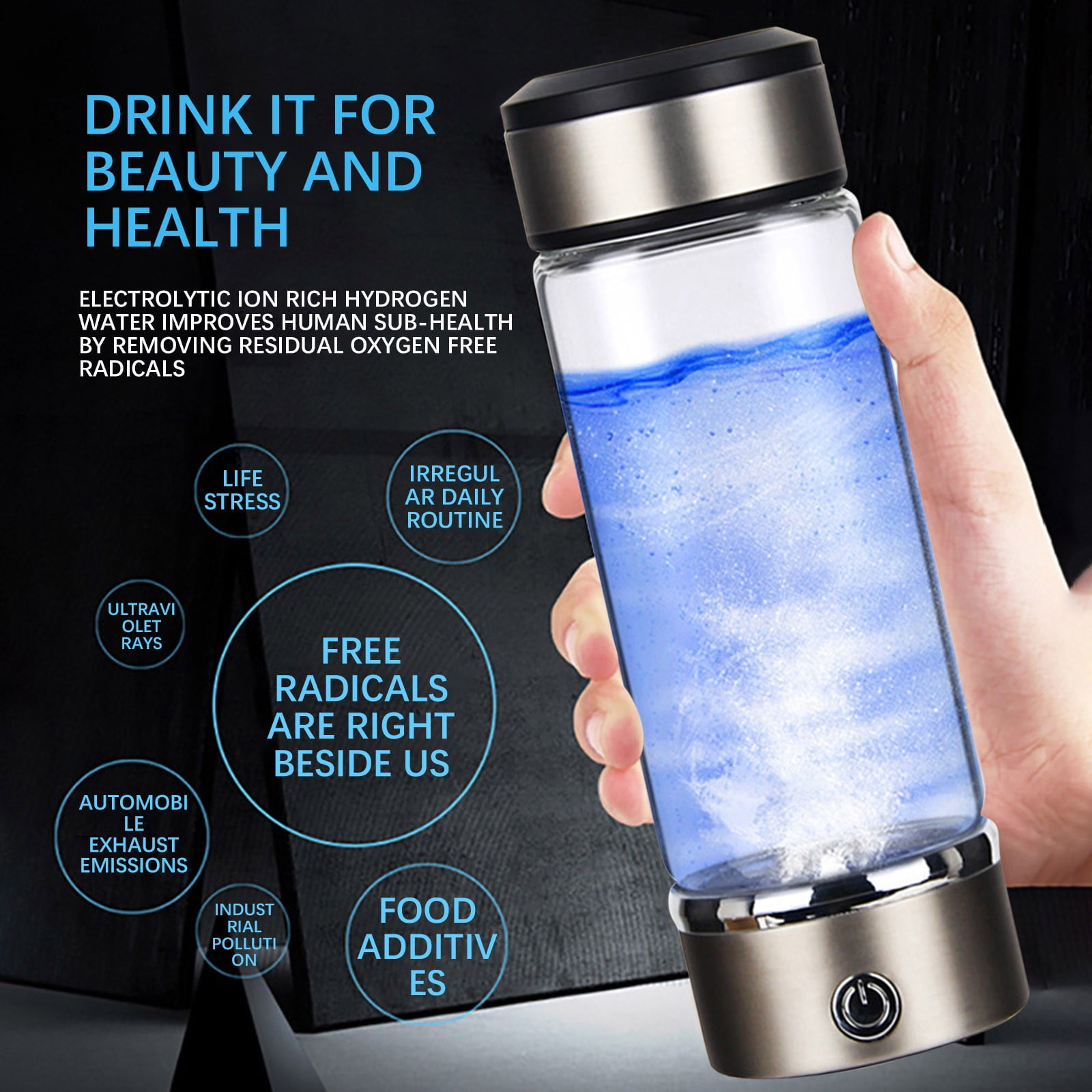 Fankiway Rich Hydrogen Cup, USB Rechargeable Hydrogen Water Bottle, Portable Glass Bottles Weak Alkaline Cup Anti-Oxidation and Anti-Aging Glass Health Cup, Micro Electrolysis Hydrogen Production Cup
