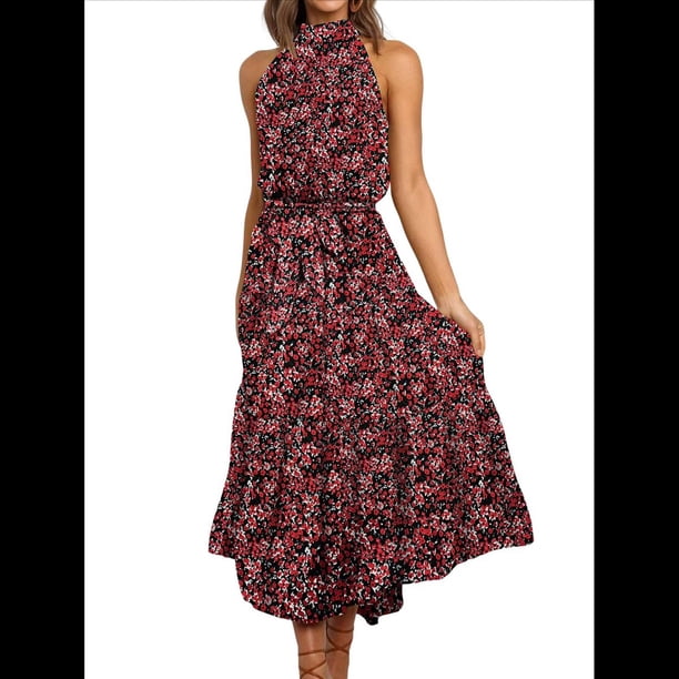 Vestido Bohemio de Verano para Mujer, Sin Mangas, con Estampado de Lunares, Cuello Halter, Volantes, Dobladillo y Cinturón Negro y Rojo L