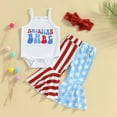 thumbnail image 2 of Mercatoo Toddler Baby Girl 4th Of July Outfits Sleeveless Romper Bodysuit+American Flag Bell Bottom Pants+Headband, 2 of 9