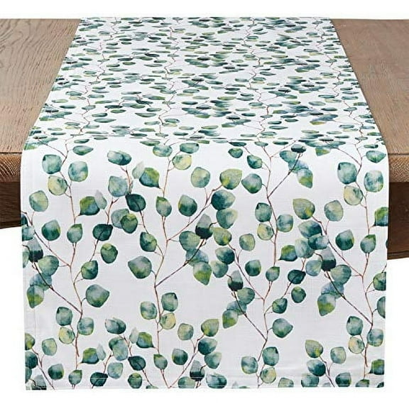 Fennco Styles Eucalipto Collection Eucalyptus Leaf 16 x 108 Inch Table Runner - Green Table Cover for Home, Banquets, Family Gathering, Special Event and Living Room Décor