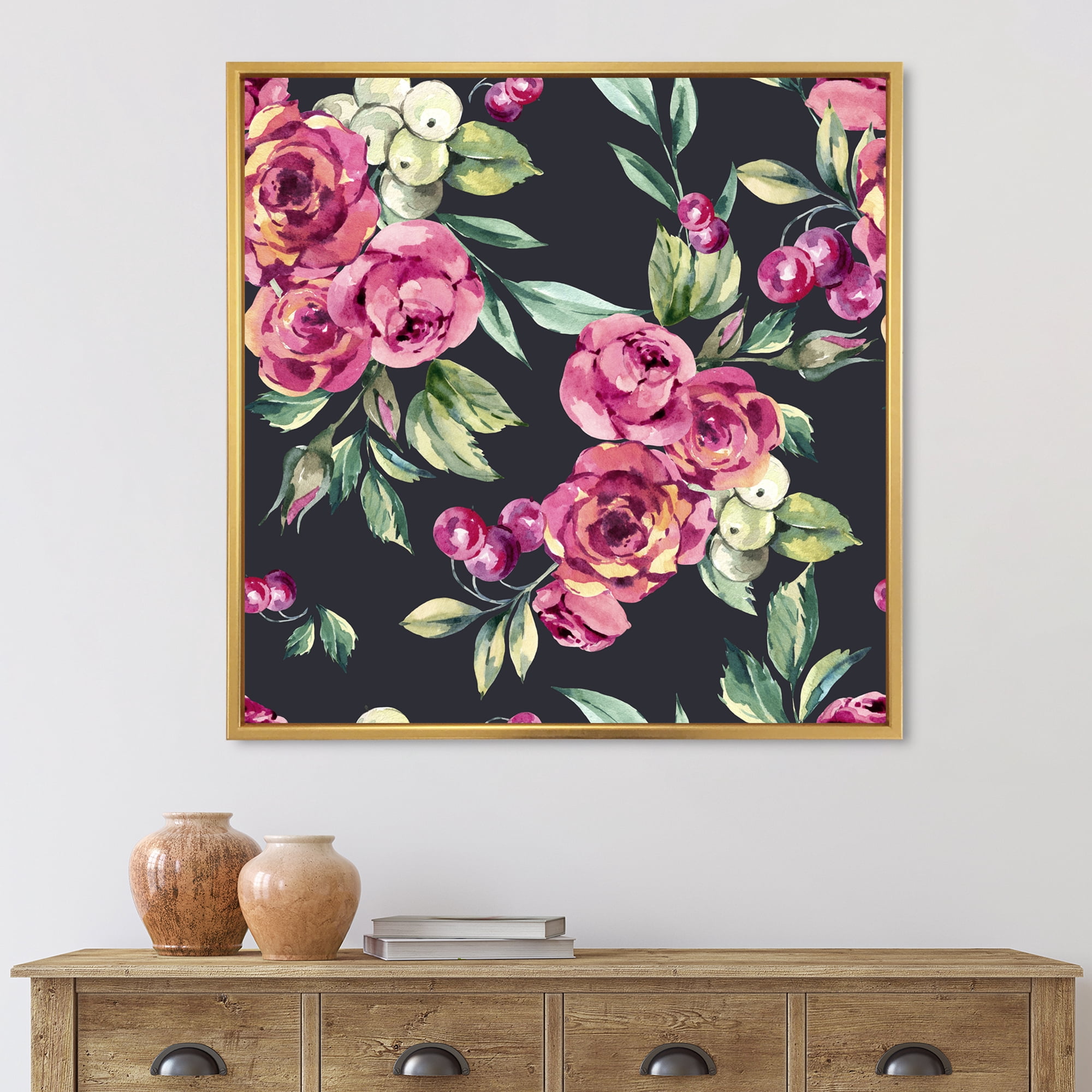 Designart 'Red VIntage Roses and Berries On Black Background' Farmhouse Framed Canvas Wall Art Print