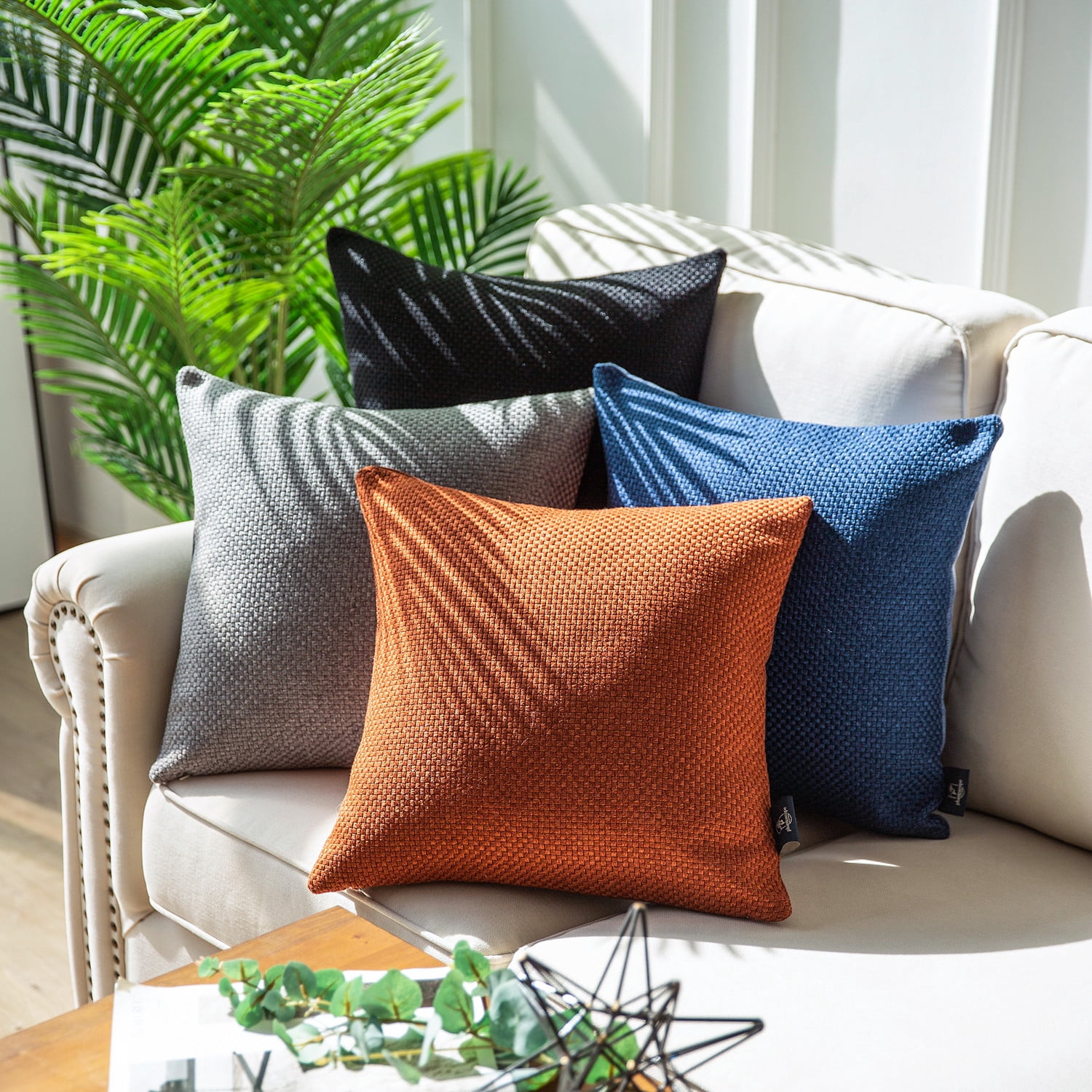 Phantoscope Classic Woven Textured Thick Solid Color Checker Plaid Series Outdoor Decorative Throw Pillow for Patio, 18" x 18", Orange, 2 Pack