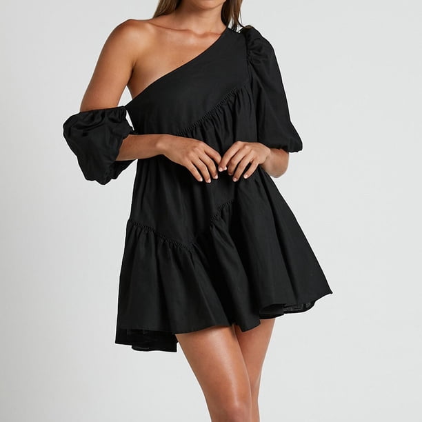 Vestido Con Hombros Descubiertos Mini vestido acampanado para mujer, vestido corto suelto con dobladillo asimétrico, vestido diario para ir al trabajo Cgtredaw Negro L para Mujer