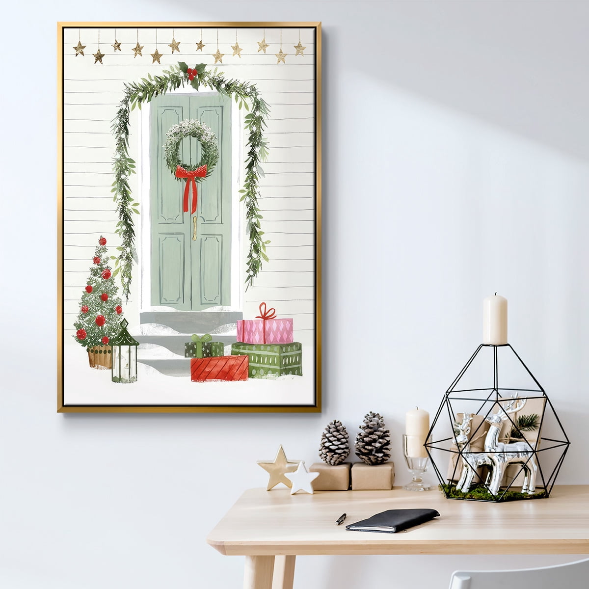 Festive Front Door I - Framed Gallery Wrapped Holiday Canvas - 25 x 37 - Gold Frame