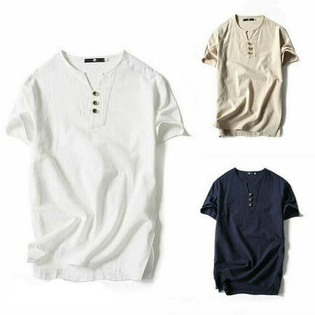Mens Solid Casual Linen Breathable Fabric Collarless Shirt Short Sleeve ...