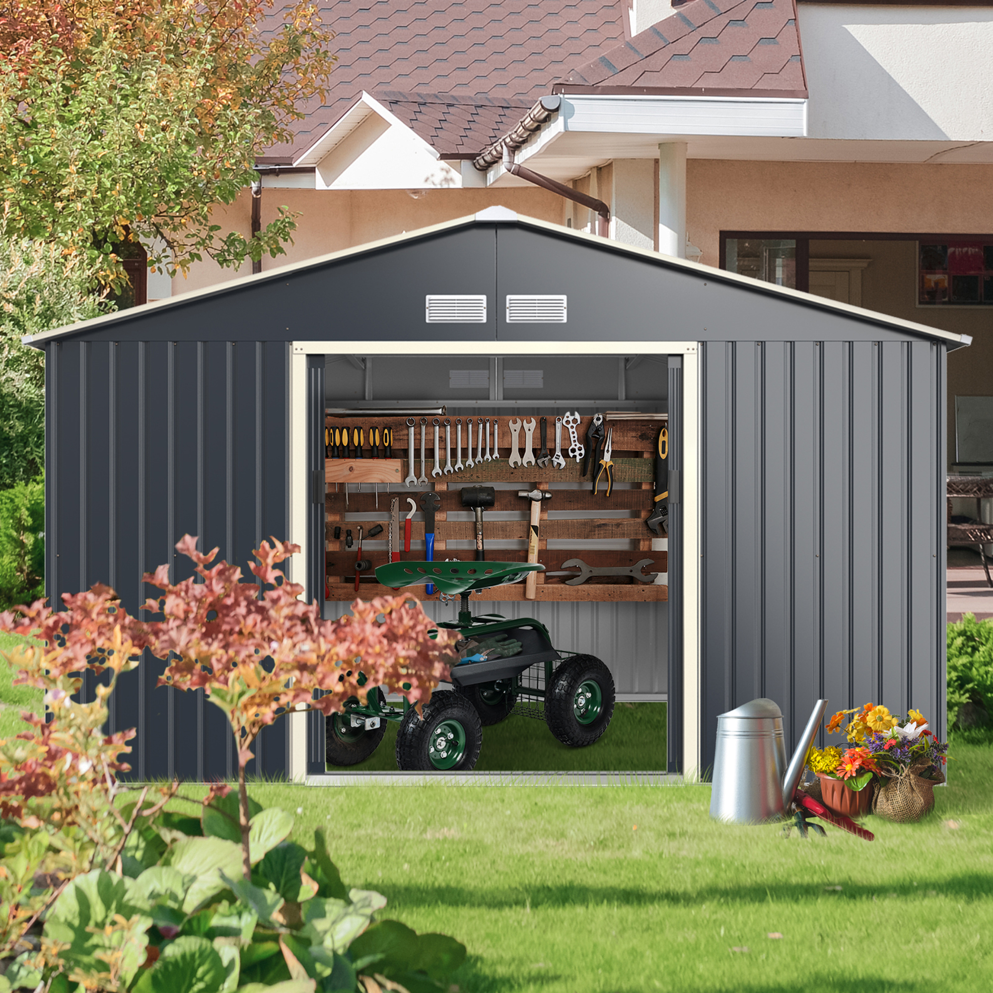 Gymax 11' x 10' Outdoor Tool Storage Shed Large Utility Storage House w/ Sliding Door - image 3 of 10