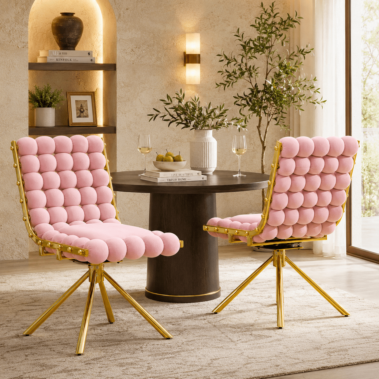 Aukfa Velvet Swivel Dining Chairs Set of 2, Modern Bubble Tufted Kitchen Side Chairs, Gold Metal Legs,Pink