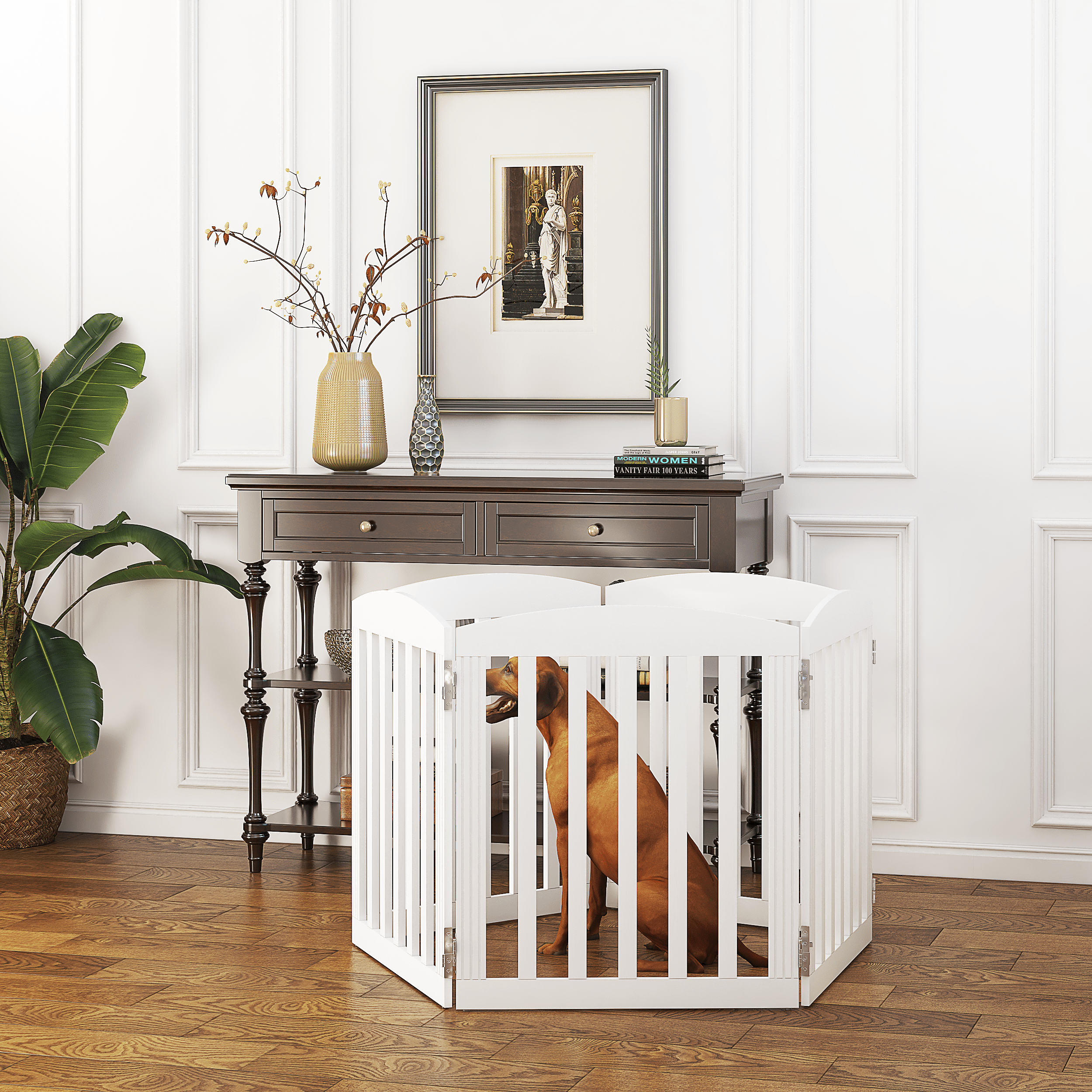 STAROUS 120" Extra Wide 28" Tall Foldable Dog Gates, Wooden Freestanding Pet Gate Indoor, Step Over Puppy Fence, 5 Panels, White