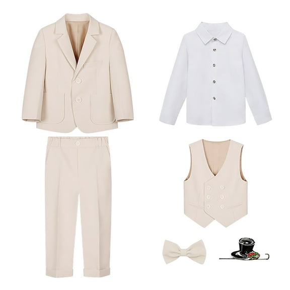 Nrmvnmi Formal Boys Suit Set Kids Suits Boys' Wedding Outfit Communion Suits Adjustable Waist for Toddler Teenage Boy Tie Brooch 6-piece Set Long Sleeved Round Neck Top/shirt Set