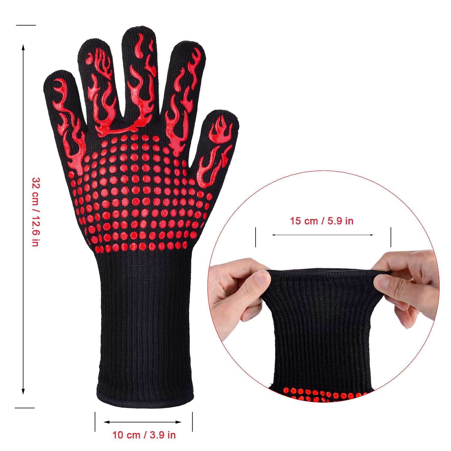 Floweret BBQ Grill Gloves,1472℉ Extreme Heat Resistant Grilling Gloves Silicone Non-Slip Oven Mitts Potholder for Barbecue Cutting Cooking Baking Black 14 Inch Welding 