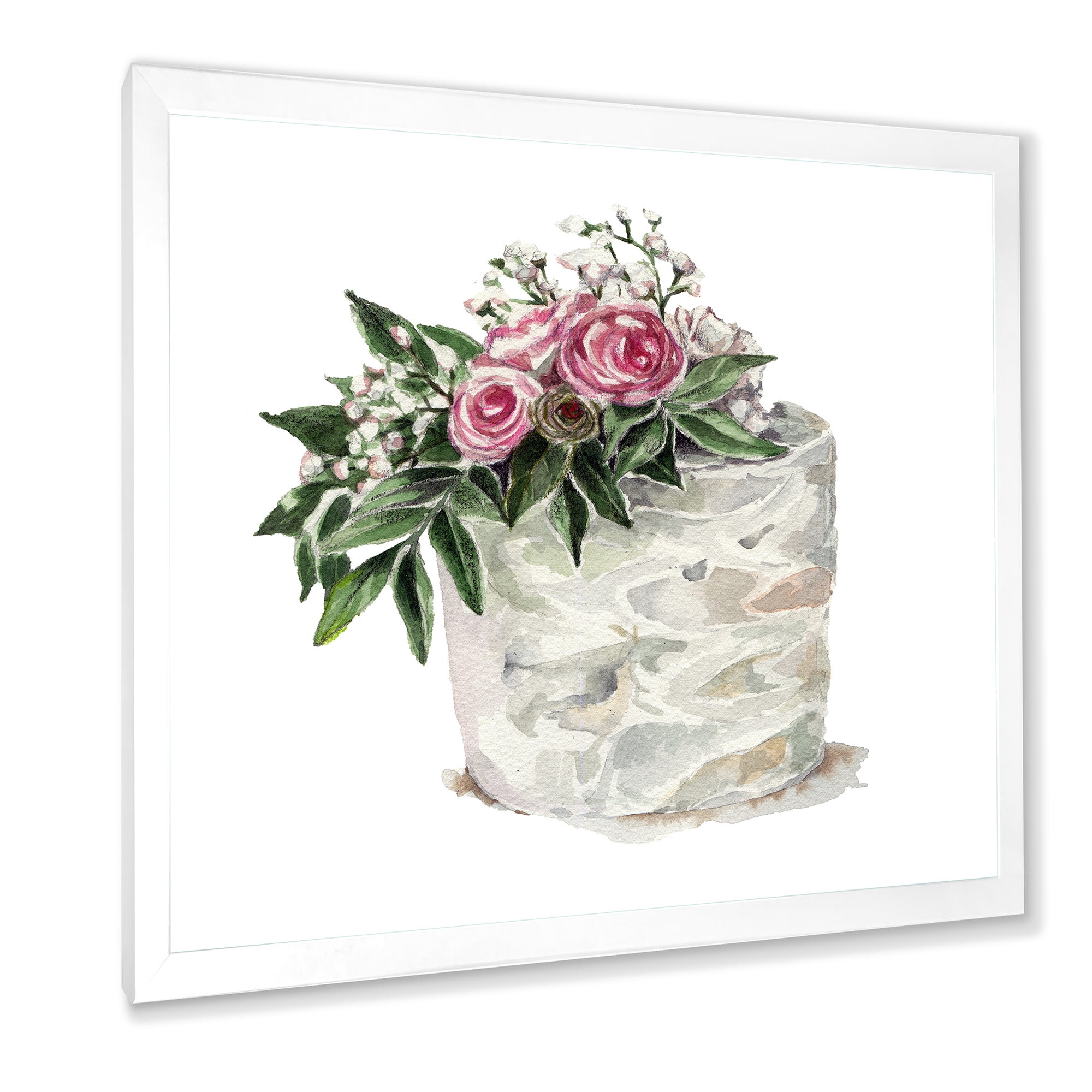 Designart 'White Flowers and Pink Roses On Cake' Traditional Framed Art Print
