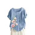 thumbnail image 2 of Usmixi Shirts for Women Vintage Floral Button Down Plus Size Cotton Linen Tee Tops Summer Trendy Flowers Print Short Sleeve Crewneck Ladies Blouses Sky Blue XXXXXL, 2 of 6