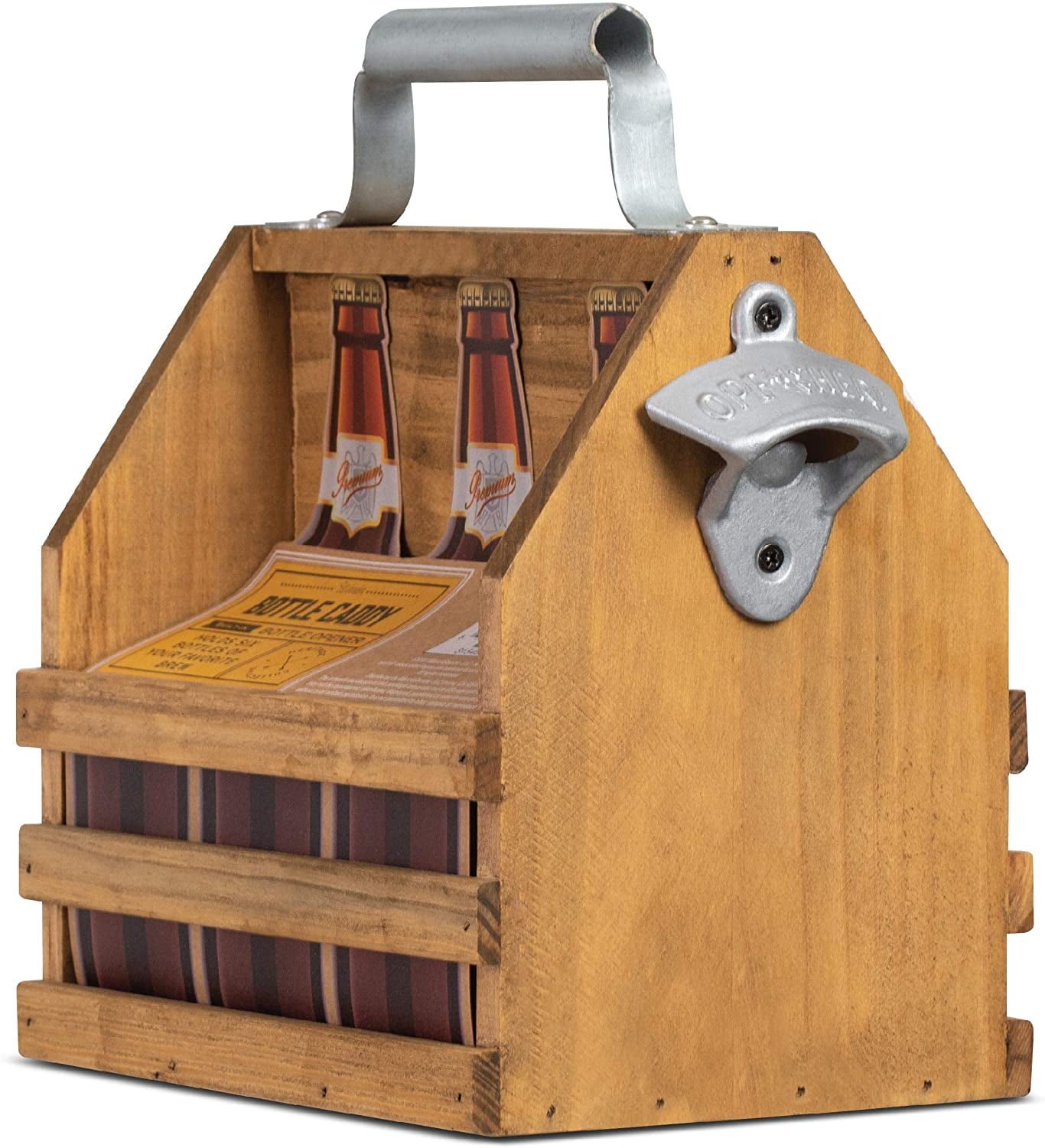 Refinery and Co. Wooden Bottle Caddy, SixPack Beer Carrier with Built