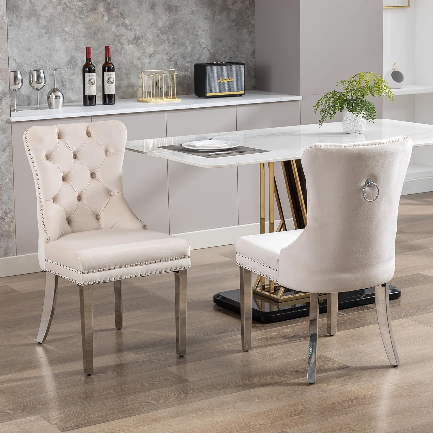 Westice Dining Room Chairs Set of 4, Button Tufted Velvet Chairs with Modern Stainless Steel Legs, Rivet Trim Metal Pull Ring Large Back for Kitchen Dining Room Restaurant, Beige