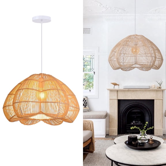 Hollymoon Natural Rattan Pendant Light for Kitchen Island, Woven Lamp Shade Chandelier, Hanging Ceiling Light, Handmade Lampshade Rope Lamp