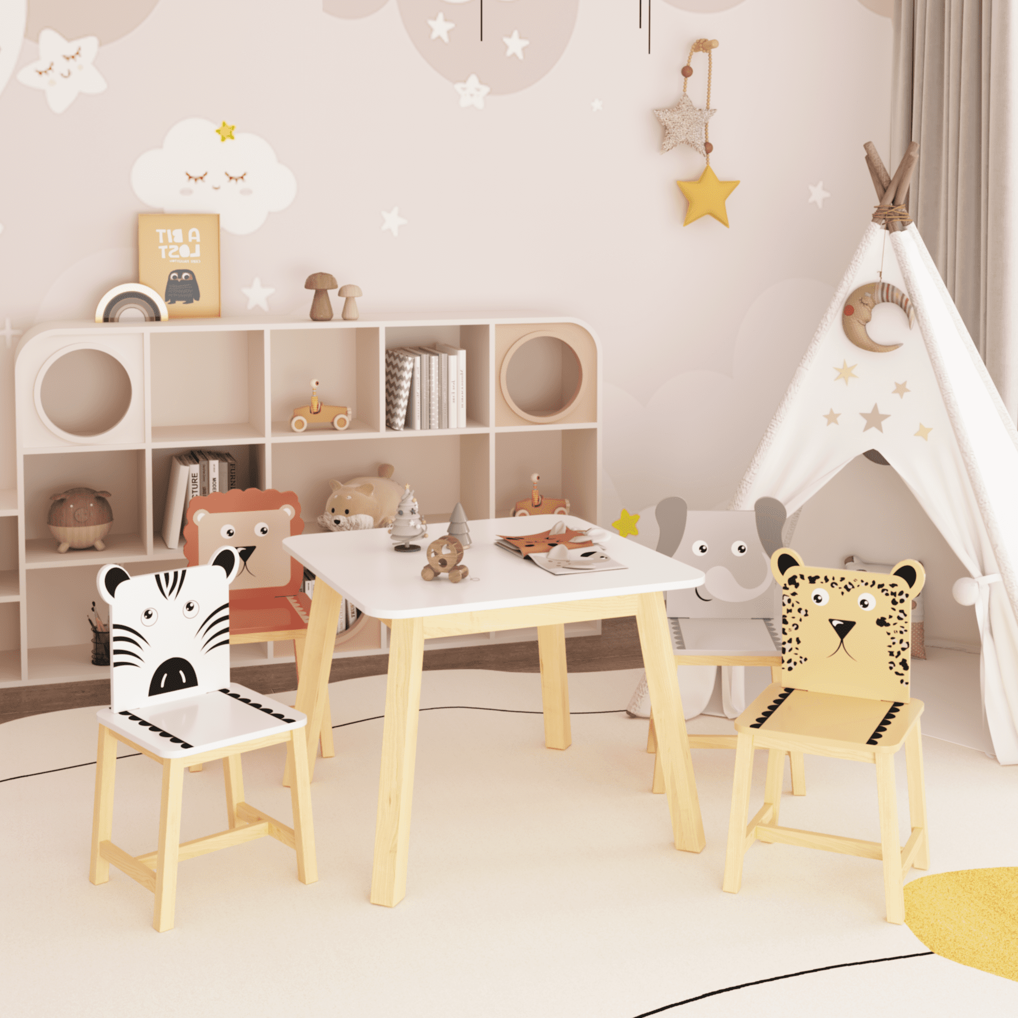 Kids Furniture 5 Piece Kiddy Table and Chair Set , Kids Wood Table with 4 Chairs Set Cartoon Animals (bigger table) (3-8 years old),Baby Furniture