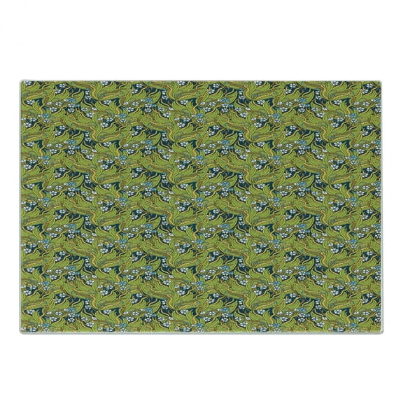 Floral Cutting Board, Mother Nature Pansy Blooms Field with Large Leaves Jungle Growth Theme Illustration, Decorative Tempered Glass Cutting and Serving Board, Small Size, Multicolor, by Ambesonne