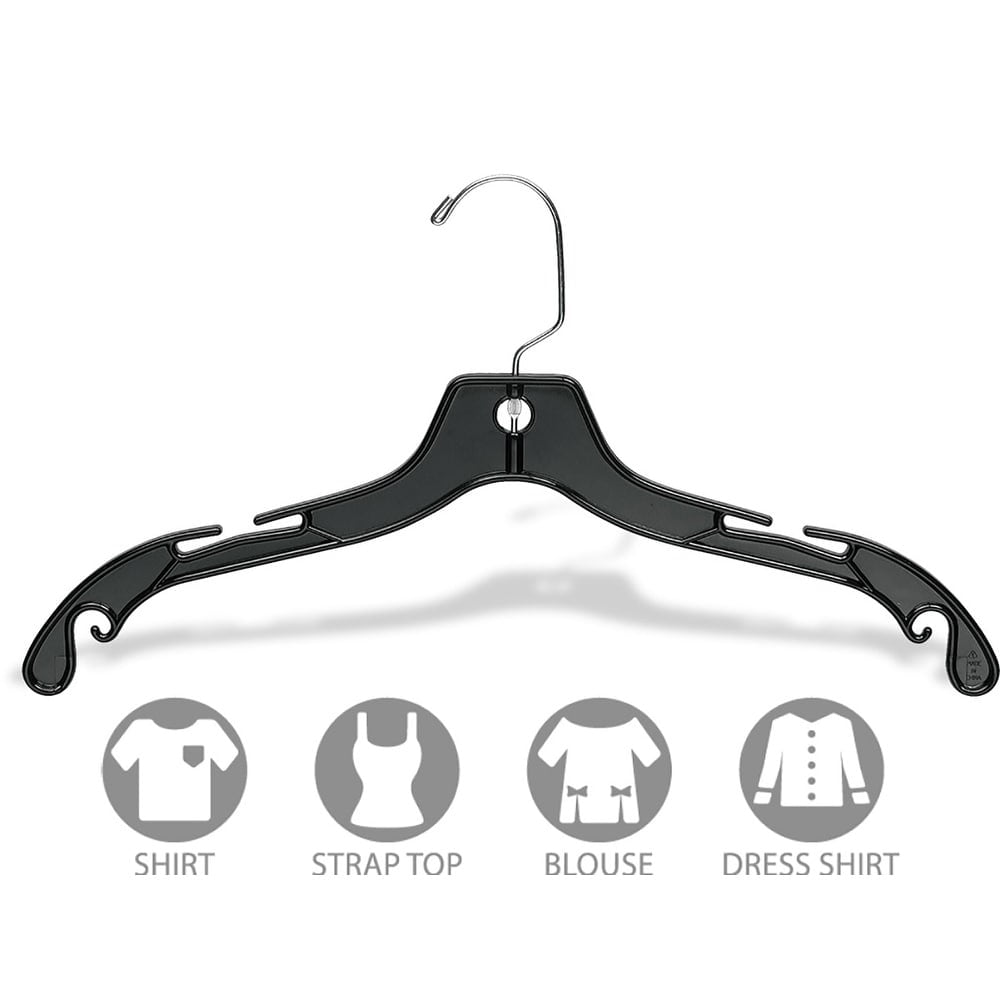 Matte Black Plastic Top Hanger, Space Saving w/ Notches and 360 Degree Chrome Swivel Hook for Shirt or Dress, 100 Pack