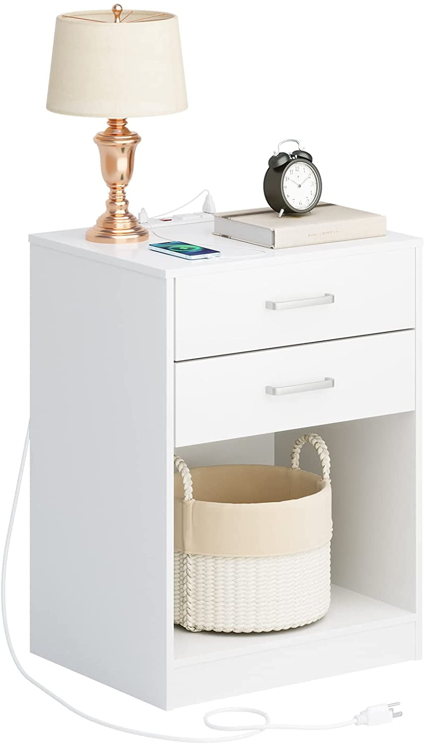 ADORNEVE White Nightstand 2 Drawers with Charging Station USB Port