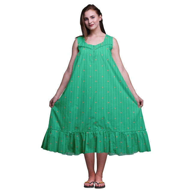Bimba Chemises de Nuit en Coton Sans Manches Vert Mer à Rayures Art Folklorique Cœur pour Femmes Imprimées Longueur Mi-Mollet Petit