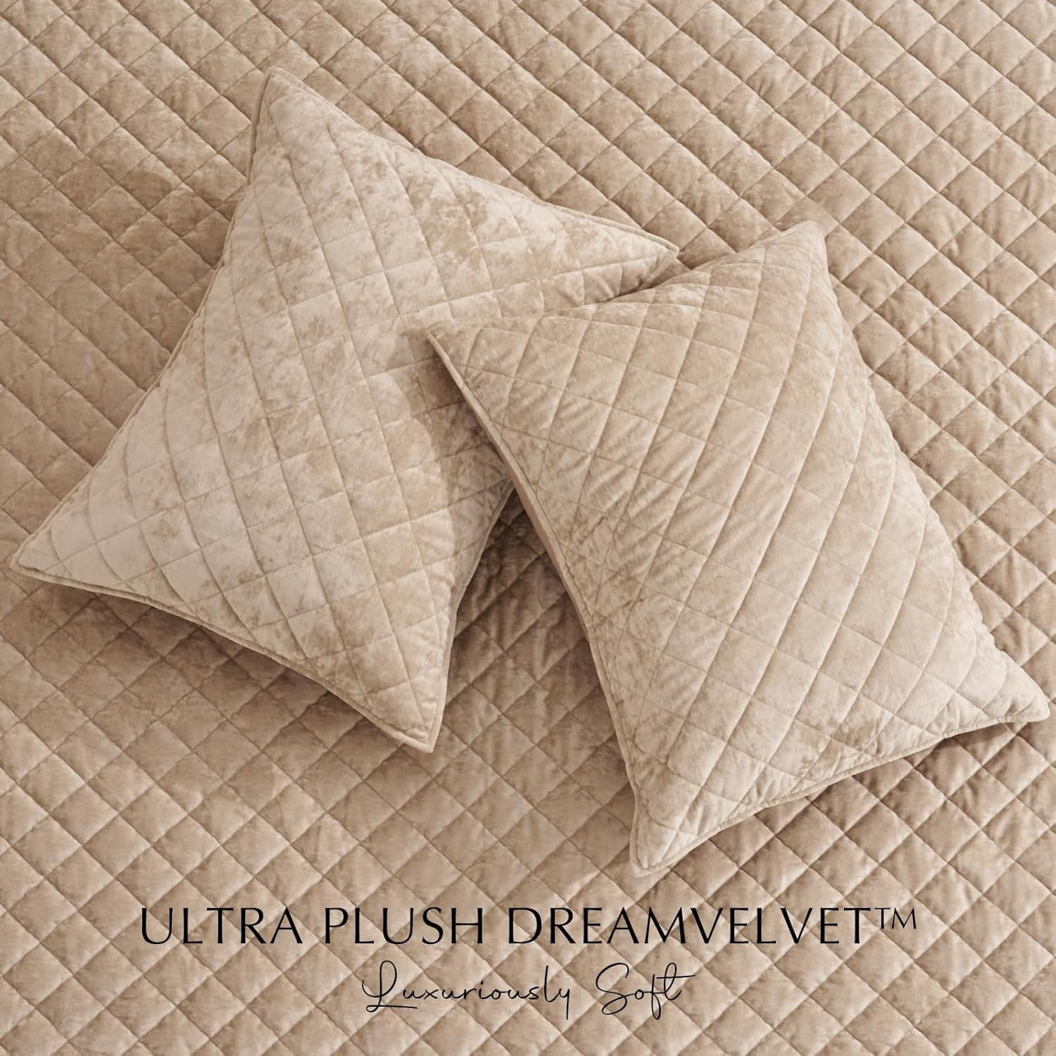 EVERGRACE Luxury Velvet Quilt Set Queen Size, Diamond Quilted Lightweight Velvet Comforter for All Season, Ultra Soft Oversized Bedspread Coverlet Bedding Set with 2 Pillow Shams, Beige Taupe