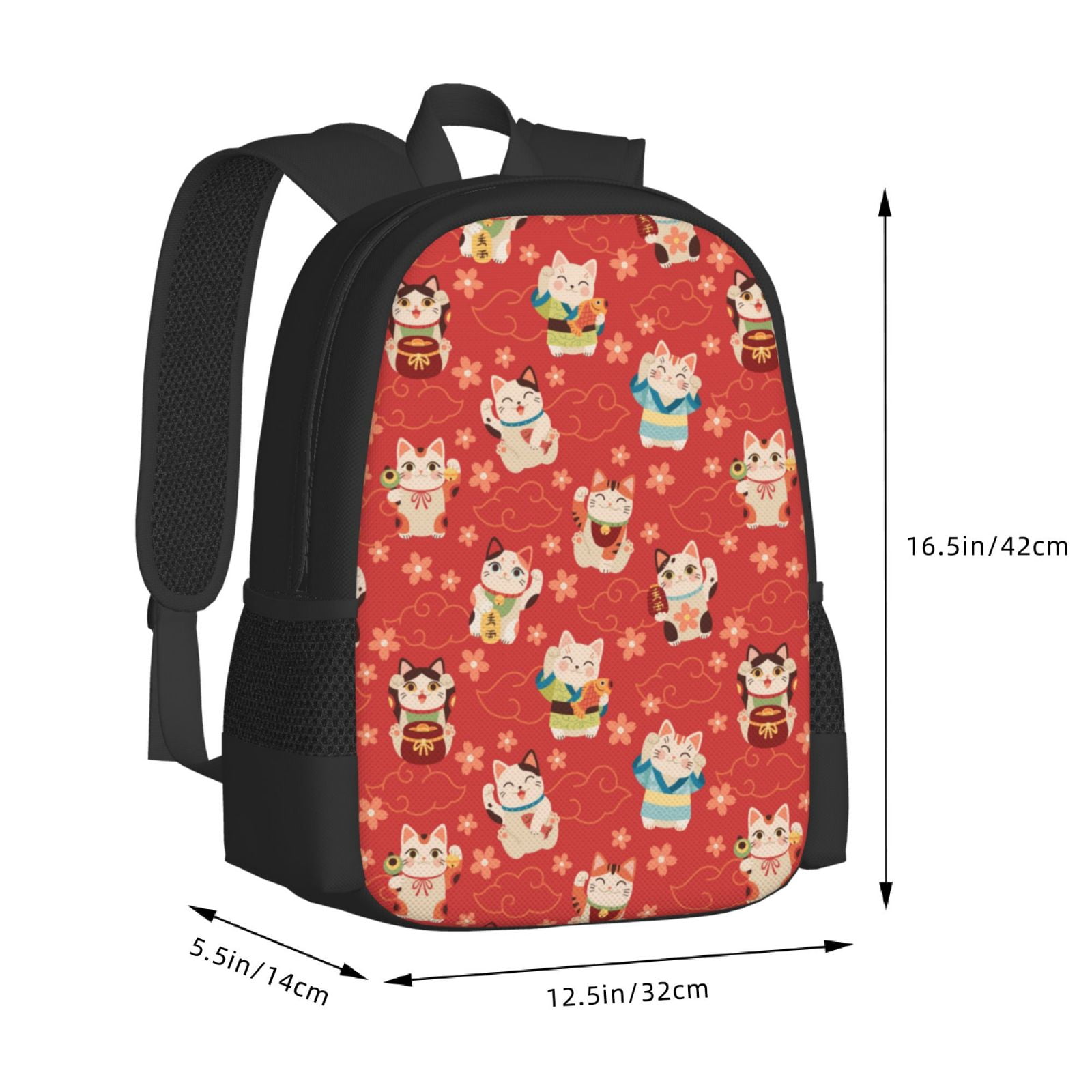 Ratiio Japanese Maneki Cats Backpack for Men and Women - Durable 600D Oxford Cloth -Large Capacity, Water-Resistant School, Travel, and Hiking Bag