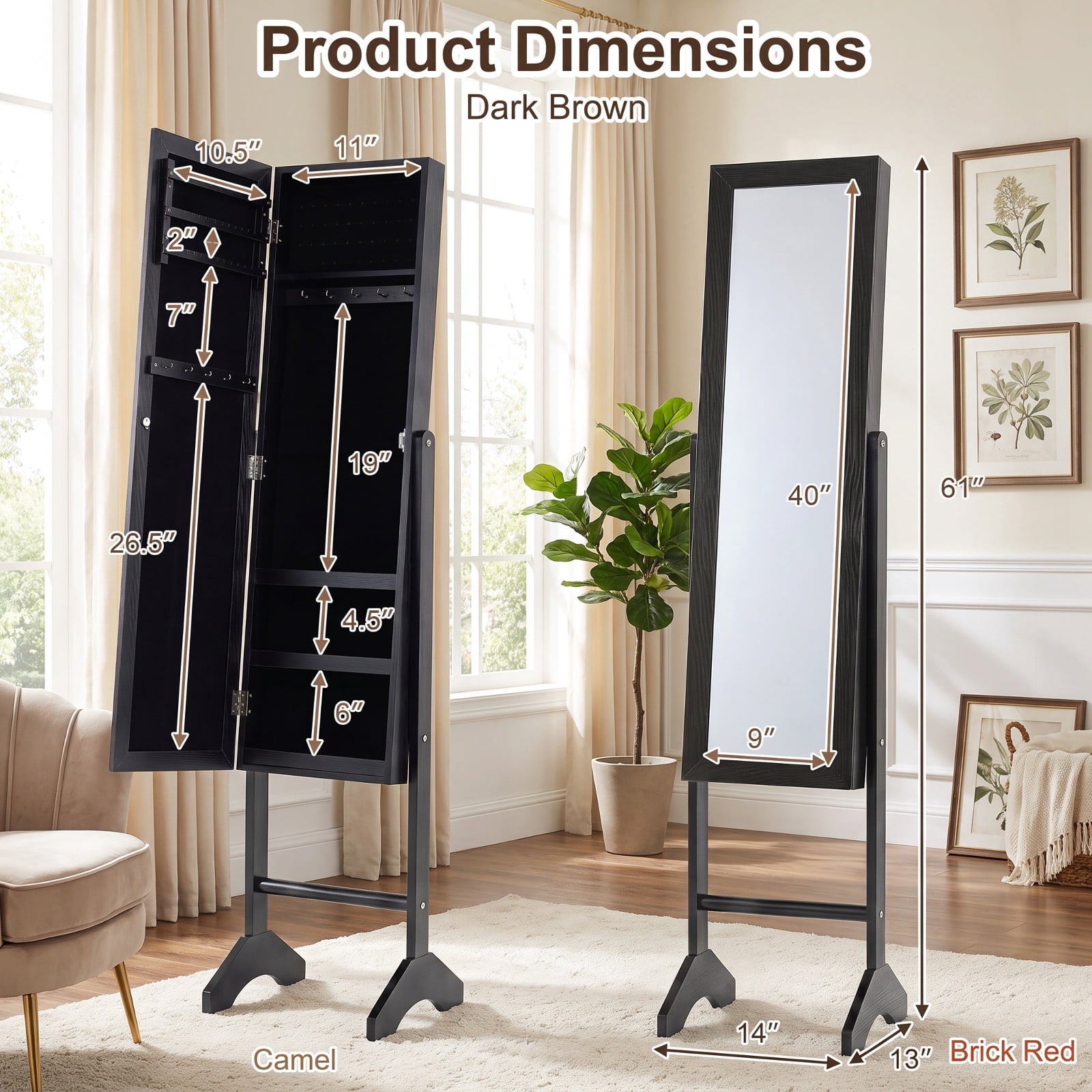 Furnibear Freestanding Jewelry Armoire with Velvet Lining and Full Length Mirror for Bedroom Dressing Room Jewelry Necklace Rings Storage, Black
