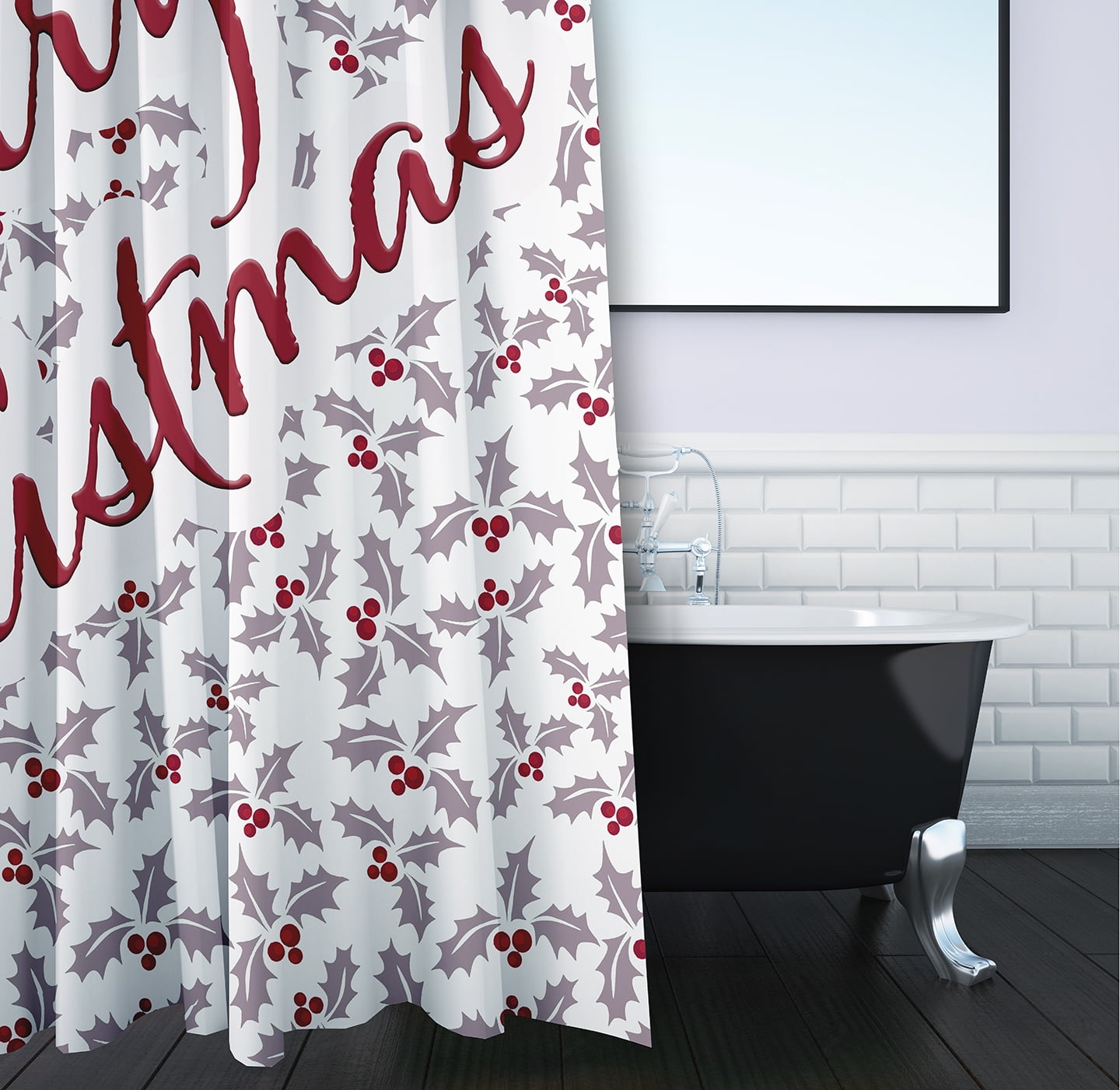 Simply Daisy 70" W x 73" L Merry Christmas with Holly Polyester Shower Curtain, Light Purple [1 Ct]