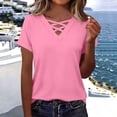 thumbnail image 7 of AKOEE Women's T-Shirts Criss-Cross V Neck Short Sleeve Tops Soft Plaid Tshirts Casual Summer Trendy Clothes (XL, Pink), 7 of 7