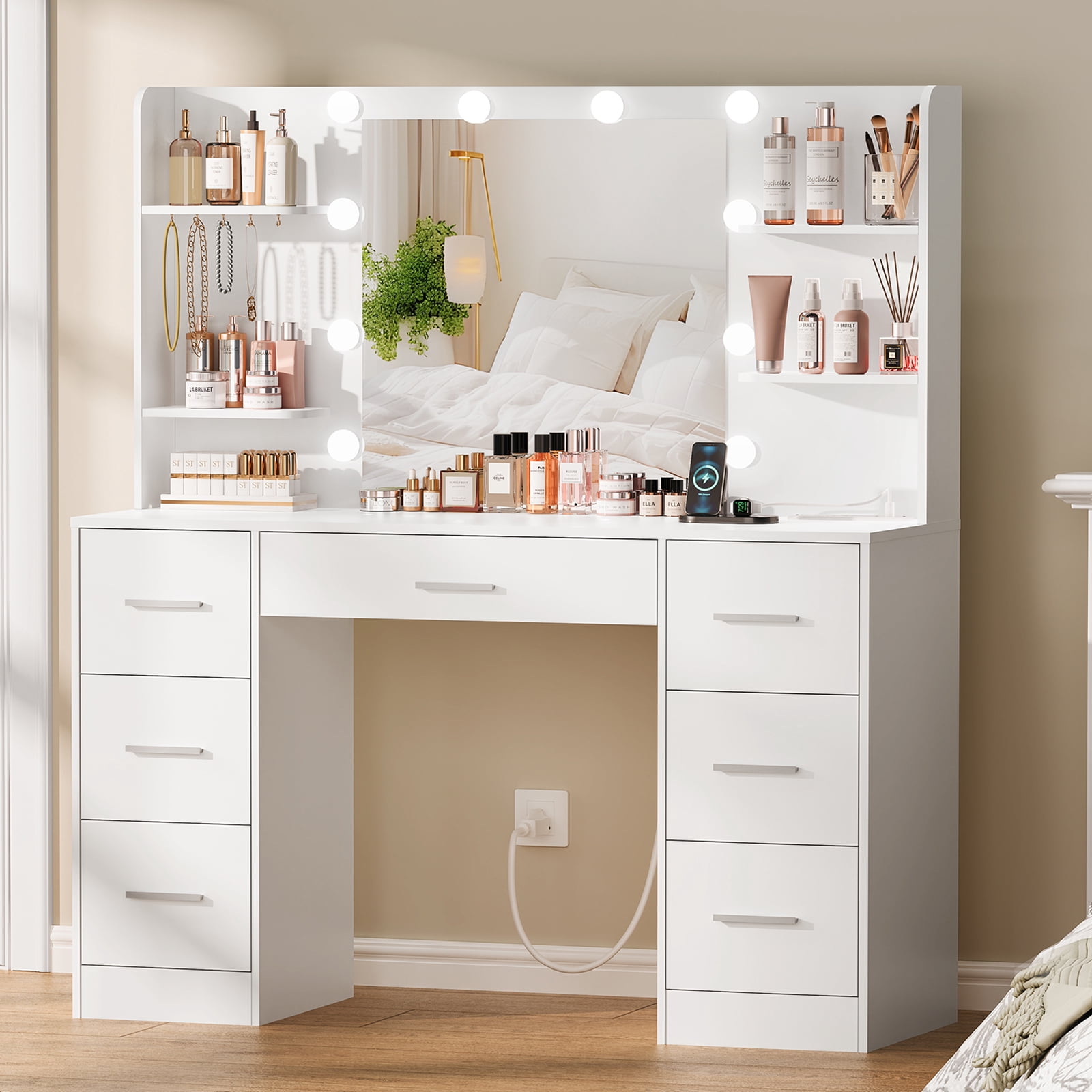 TEENFON Large Makeup Vanity Set with Mirror and Power Outlet, Vanity Desk with 7 Drawers, 4 Shelves and 5 Hooks,Vanity Table for Bedroom, White