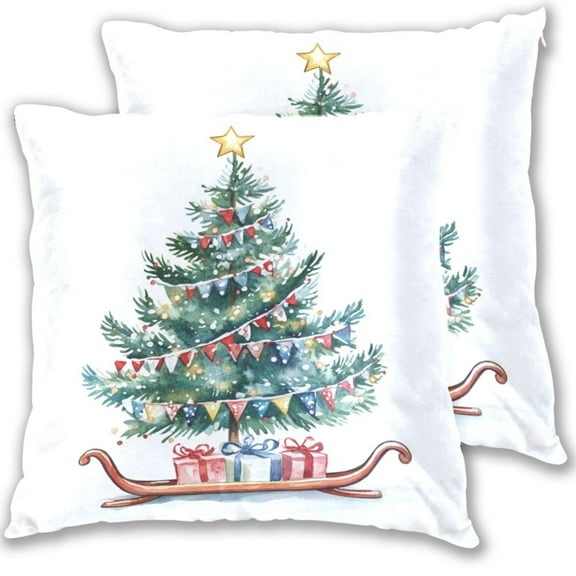 Watercolor Christmas Tree Sleigh with Gifts Throw Pillow Covers Pillowcases 16 x 16 Inch Home Decor 2 Packs for Bedroom Sofa