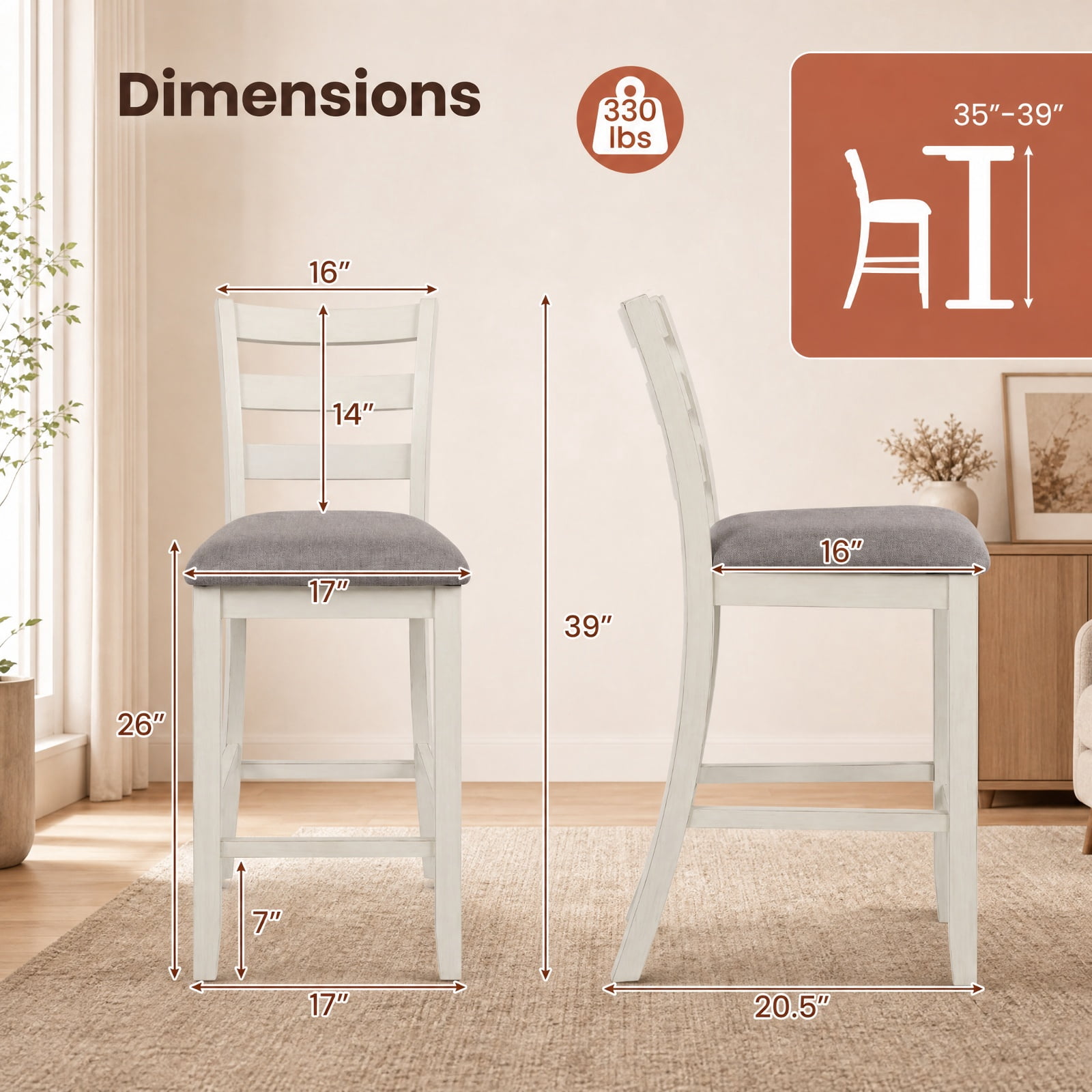 Furnibear Counter Height Chairs Set of 2 with Fabric Seat and Rubber Wood Legs, Upholstered Bar Stools with Backrest, Beige