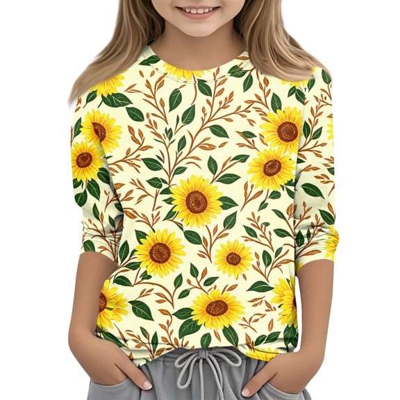 Cute Shirts for Kids Girls 10-12 3/4 Sleeve Daisy Printed Tween Girls Trendy Clothes Tee Tops Summer Casual Loose Comdy Crew Neck T-Shirts Multicolor 11-12 Years