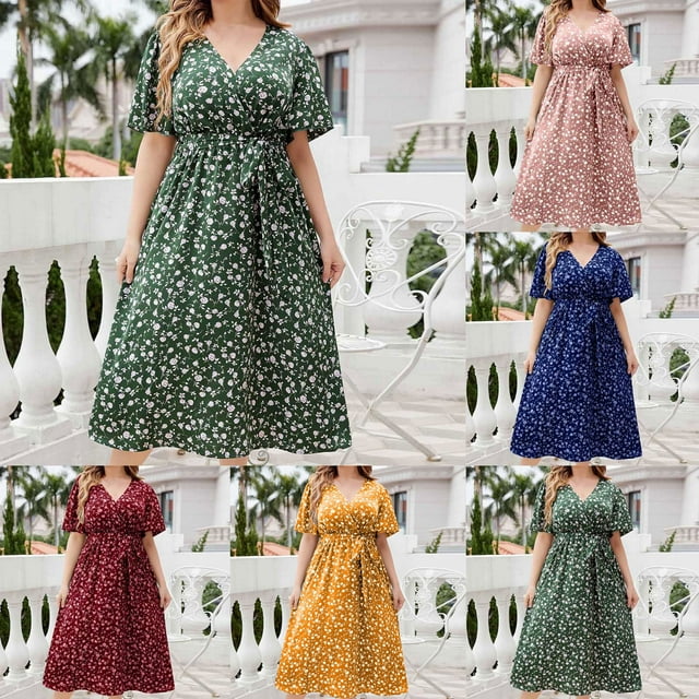 Sentmoon Robes d'Été Surdimensionnées à Manches Courtes Robes de Cocktail pour Invité de Mariage avec Imprimé Col en V Décontracté Robes pour Femmes Confortables pour Vacances à la Plage TG
