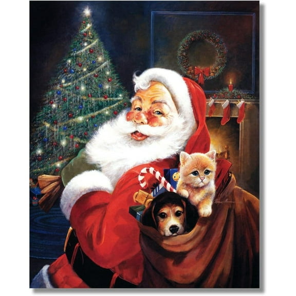 Unframed 8x10 - Santa Claus with Toy Bag Dog and Cat Wall Picture