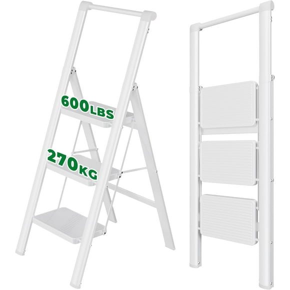 3 Step Ladder, Folding Step Stool with Wide Anti-Slip Pedal, 600 lbs Sturdy Steel Ladders, Convenient Handgrip, Lightweight, Portable Steel Step Ladders for Home and Kitchen, White