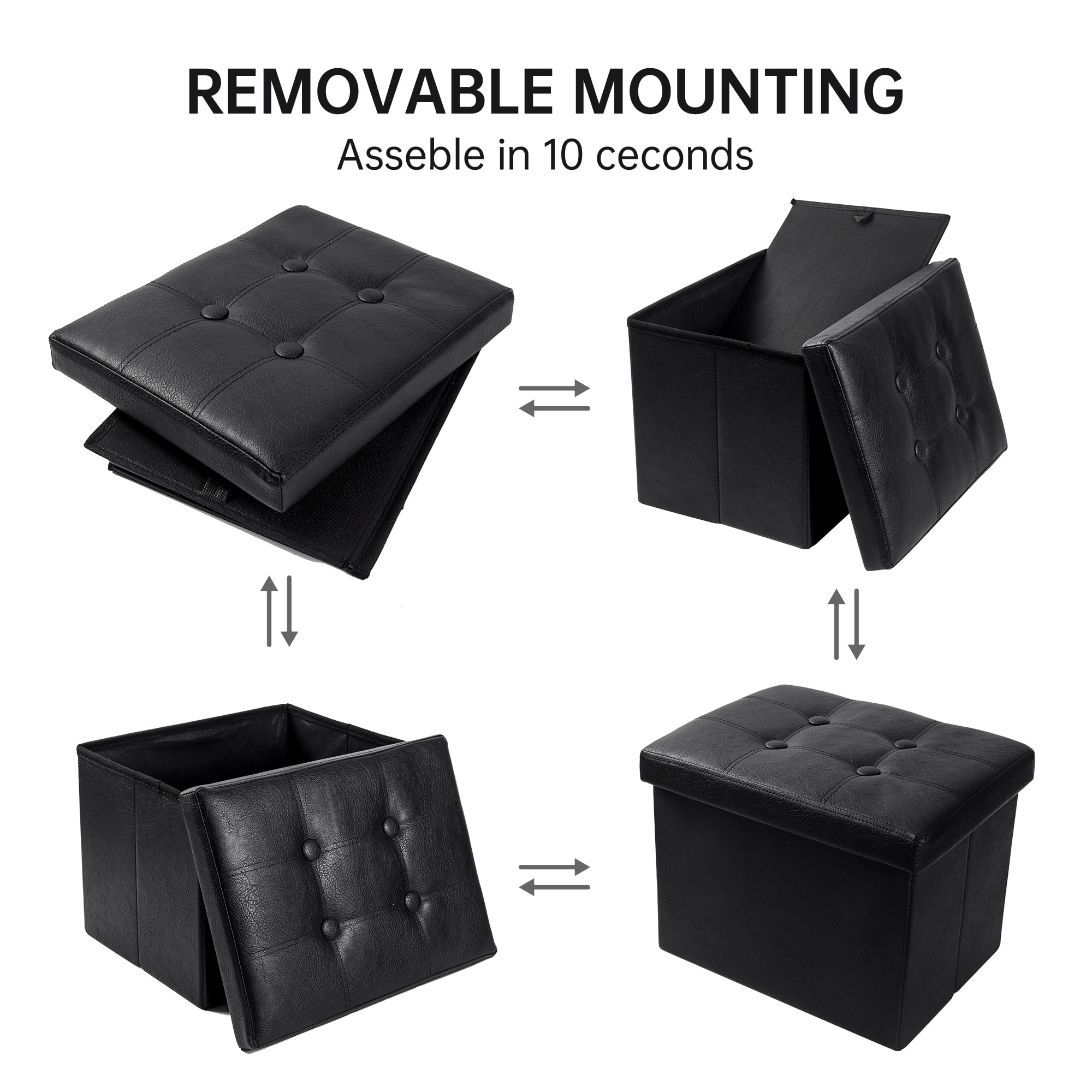 Soyota Folding Leather Padded Storage Ottoman, Black