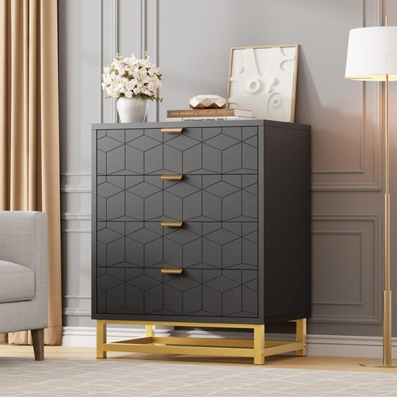 EastVita Modern 4 Drawer Dresser Wide Chest with Gold Metal Legs and Handles Wood Storage Organizer for Bedroom Living Room Hallway Black
