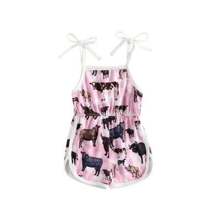 

Gwiyeopda Toddler Baby Girls Jumpsuit Shorts Spaghetti Straps Sleeveless Cow Print Rompers Playsuit