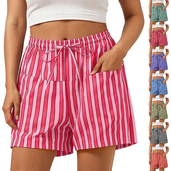 Axiiglly Womens Shorts Striped Print High Mid Rise Drawstring Elastic Waist Summer Beach Boho Shorts with Pockets, S-3XL