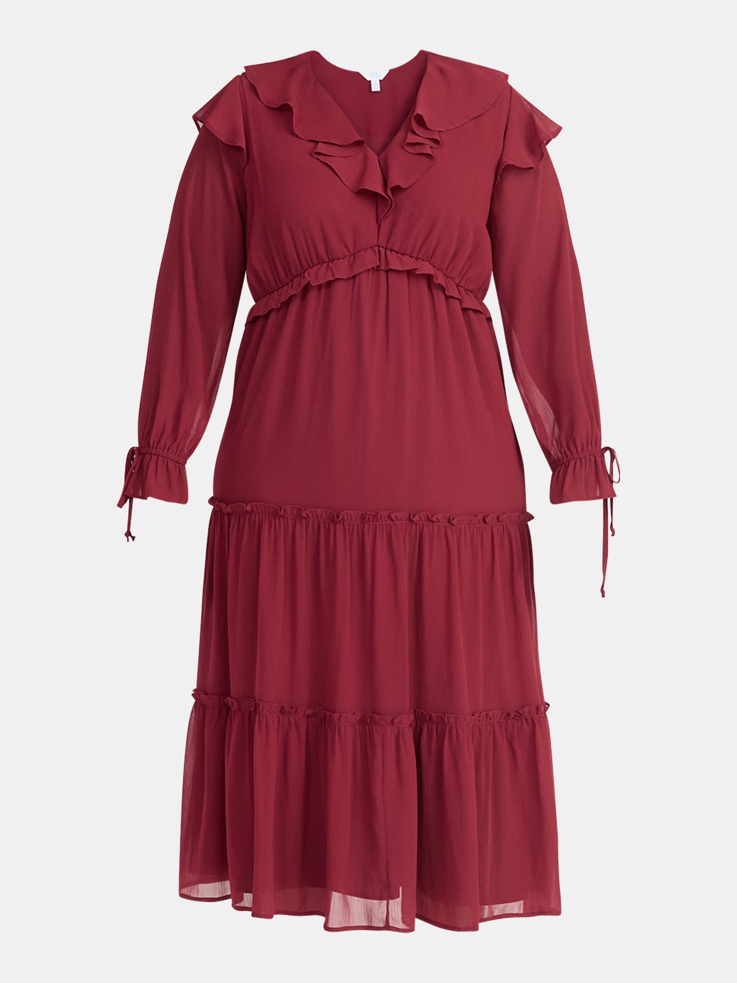 Time and Tru Women's and Women's Plus Ruffle Tiered Midi Dress with Long Sleeves, Sizes XS-4X