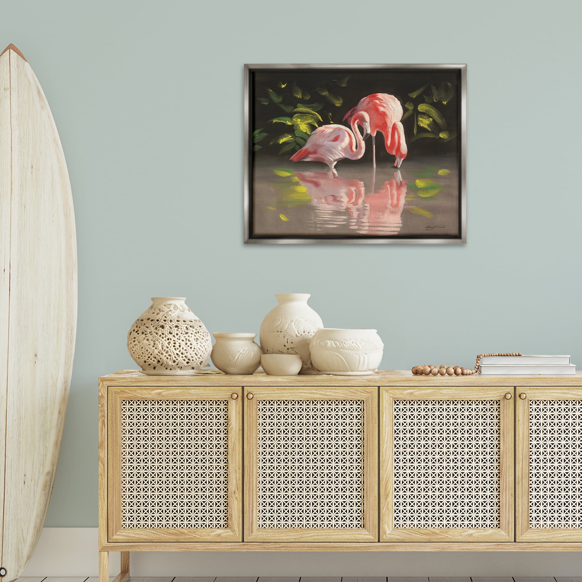Stupell Industries Flamingos with Pond Reflection Animals & Insects Painting Gray Floater Framed Canvas Art Print Wall Art, 31 x 25