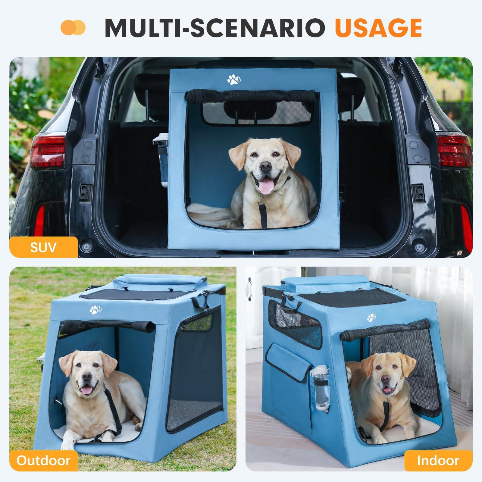 Portable Dog Crate For Car Travel  Collapsible Large With Metal Frame & 3-door Mesh Windows Secures In Trunk/backseat Soft-sided Kennel Carrier Medium Dogs-l