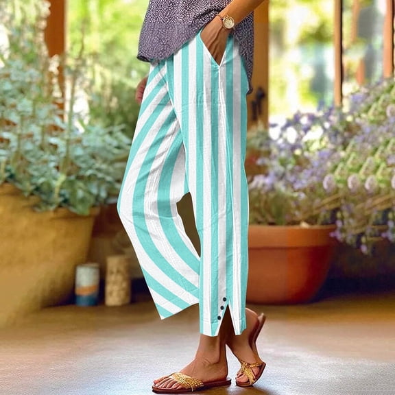 Juslio Women Pants High Waist Button Casual Elastic Waist Linen Striped,with Pockets Straight Leg Pants L