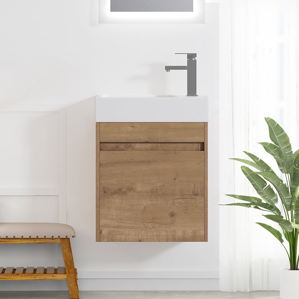 Kepooman Wall Mounted Bathroom Vanity Set with Top, Floating Bathroom Vanity, 18x10 in, Imitative Oak Kepooman Wall Mounted Bathroom Vanity Set with Top, Floating Bathroom Vanity, 18x10 in, Imitative Oak