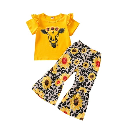 

ZMHEGW Outfits For Kids Girls Short Sleeves Kids Cow Head Sunflowers Top Letters Prints Set Bell Bottom Pants Flared Girls Set Clothing Sets For Teen Girls