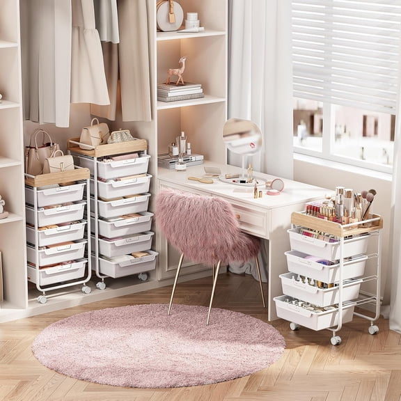 Plastic Drawer Organizer with Wooden Top, 5-Drawer Rolling Cart for Crafts and Office Storage